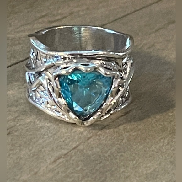 Boho Blue Gemstone Zirconia Wide Vintage Inspired, Silver Plated Fairy, Ring - Picture 6 of 12